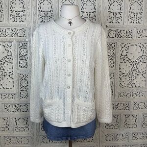 Vintage‎ Cream Ivory Open Knit Grannycore Cottage Button Up Cardigan Sz Small
